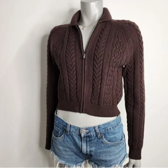 Aritzia Sunday Best &quot;Gigi&quot; Brown Cable Knit Collared Zip-Up Sweater Size 2XS
