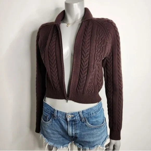 Aritzia Sunday Best &quot;Gigi&quot; Brown Cable Knit Collared Zip-Up Sweater Size 2XS