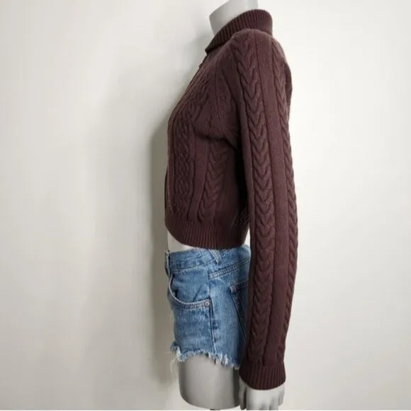 Aritzia Sunday Best &quot;Gigi&quot; Brown Cable Knit Collared Zip-Up Sweater Size 2XS