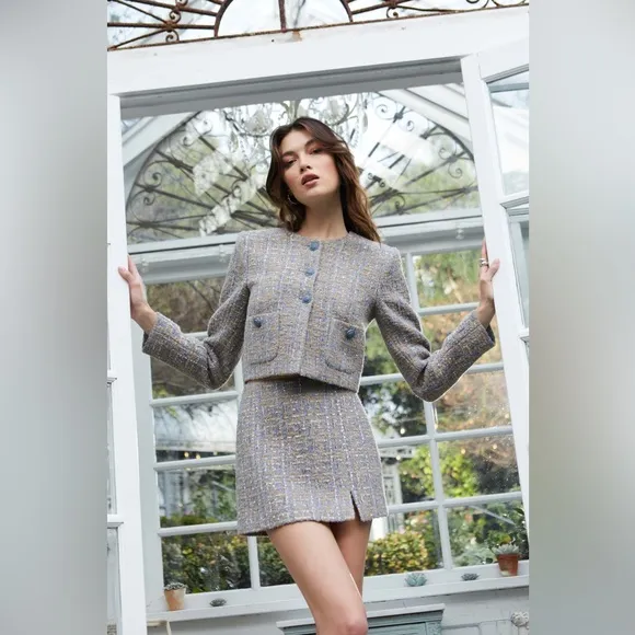 ASTR the Label Covina Tweed Mini Skirt in Blue and Taupe Silver