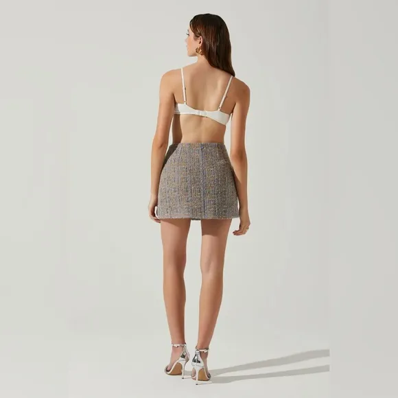 ASTR the Label Covina Tweed Mini Skirt in Blue and Taupe Silver