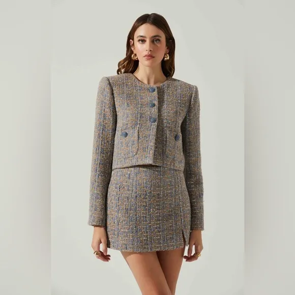 ASTR the Label Covina Tweed Mini Skirt in Blue and Taupe Silver