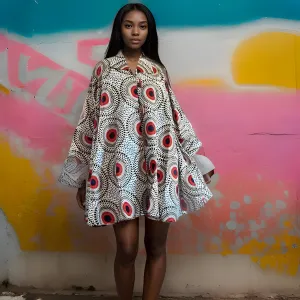 Authentic African Patch Print Big Button Short Tunic Dress