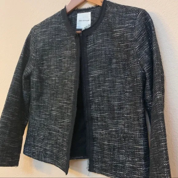 Avec Les Filles Black Tweed Open Front Blazer