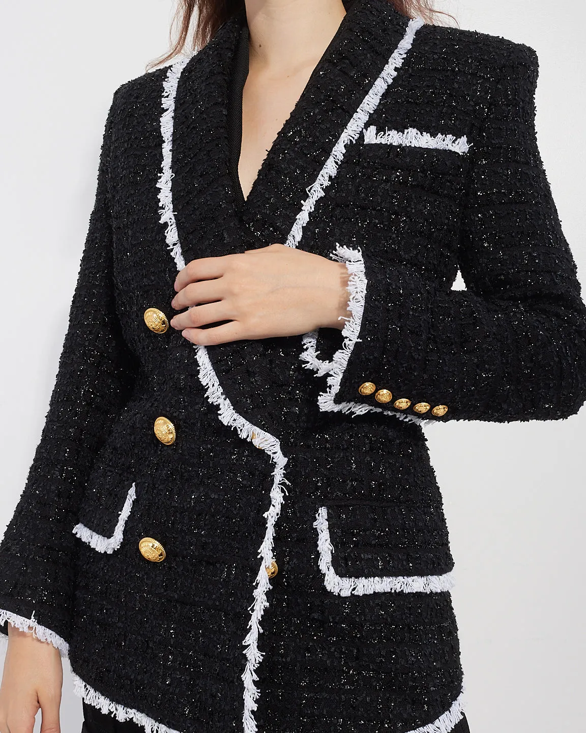 Balmain Black & White Tweed Belted Blazer - 38