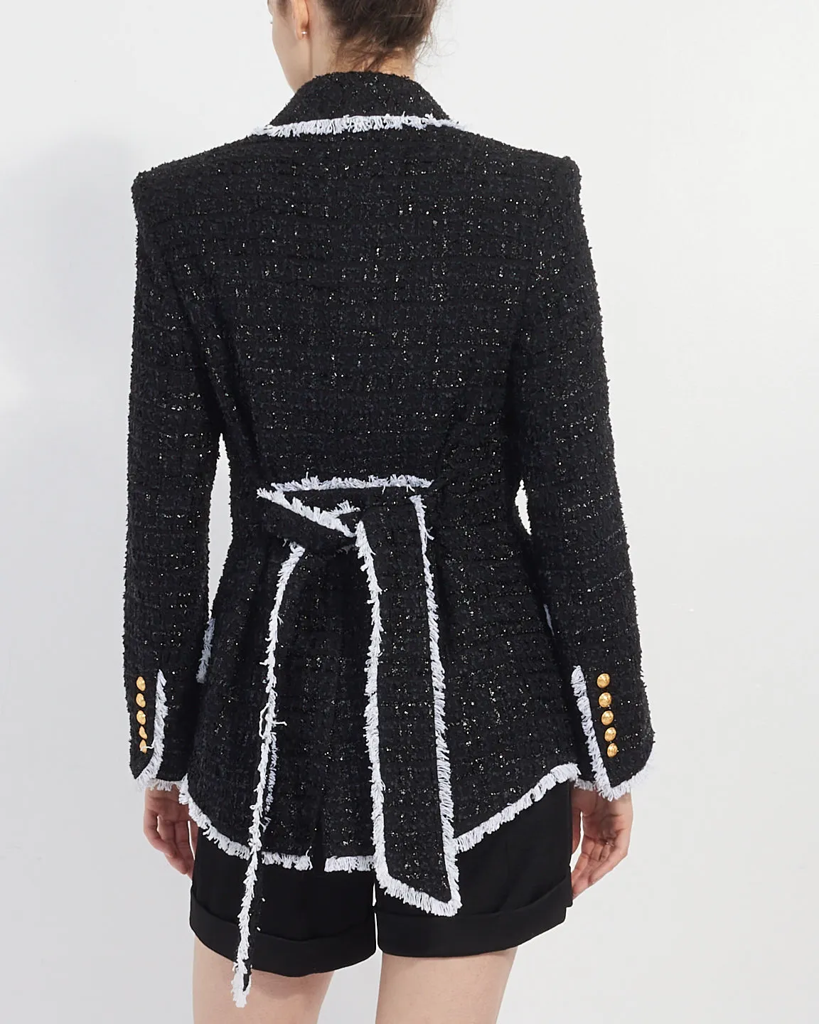 Balmain Black & White Tweed Belted Blazer - 38