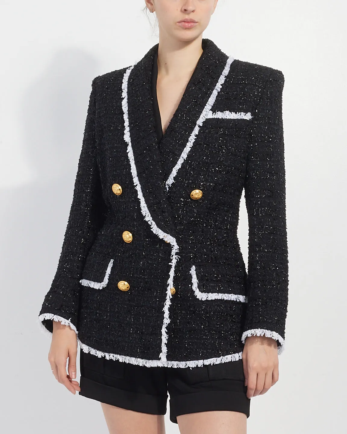 Balmain Black & White Tweed Belted Blazer - 38