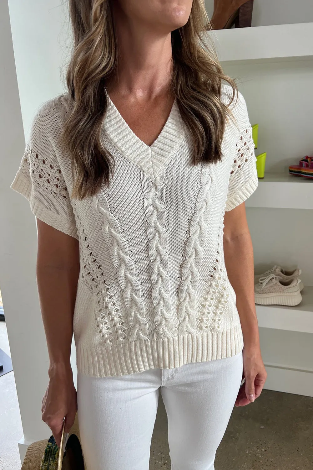 Beige Cable Eyelet Knit V Neck Sweater T-shirt