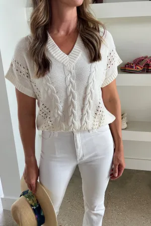 Beige Cable Eyelet Knit V Neck Sweater T-shirt
