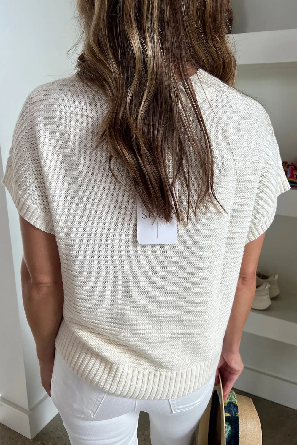 Beige Cable Eyelet Knit V Neck Sweater T-shirt