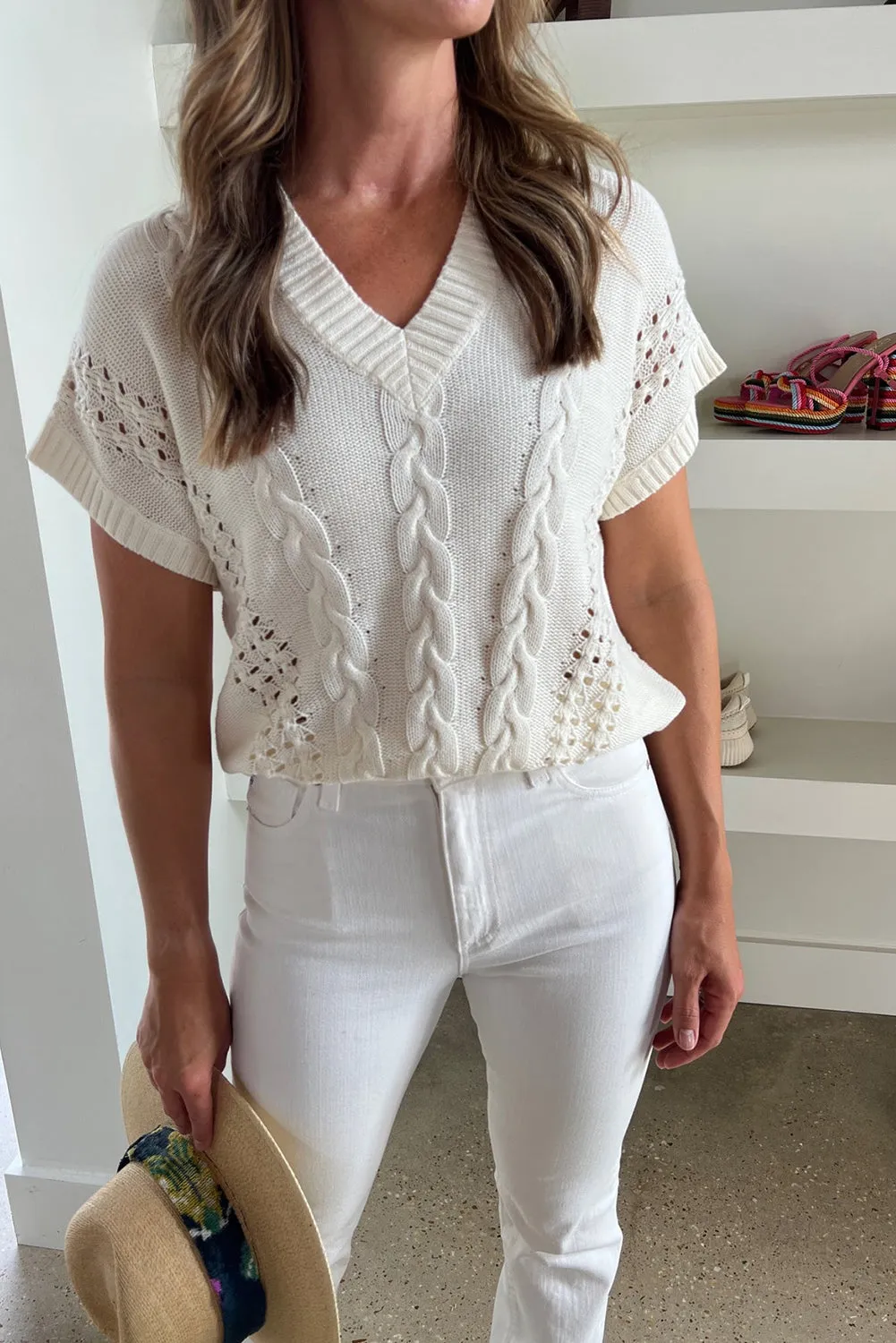 Beige Cable Eyelet Knit V Neck Sweater T-shirt