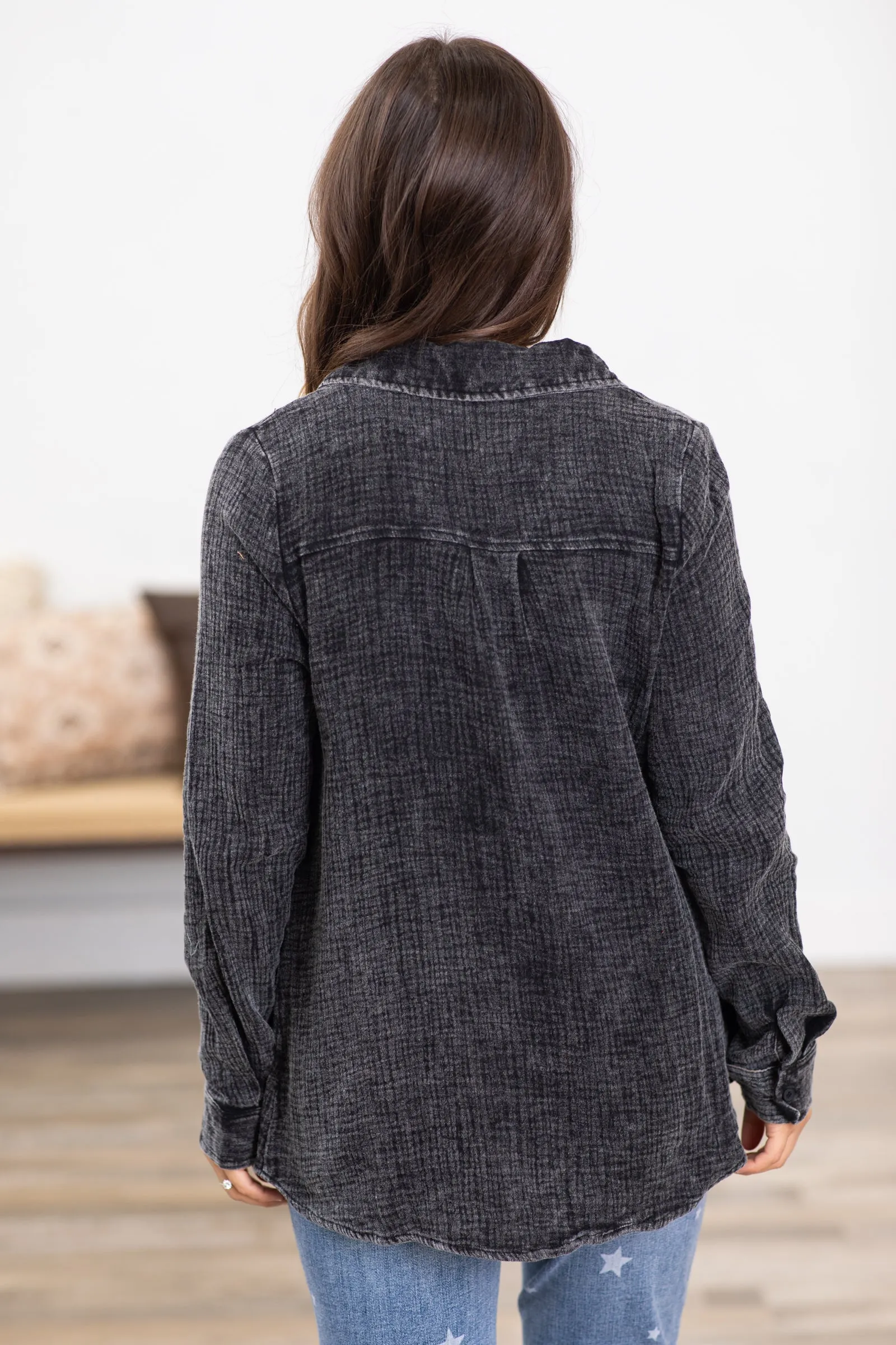 Black Mineral Washed Button Up Top