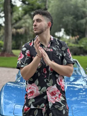 Black Retro Flex Floral Button Up Shirt