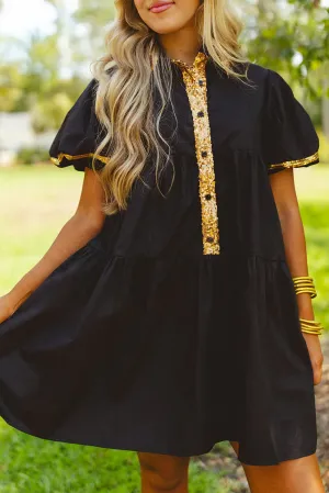Black Sequin Trim Bubble Sleeve Game Day Shirt Dress