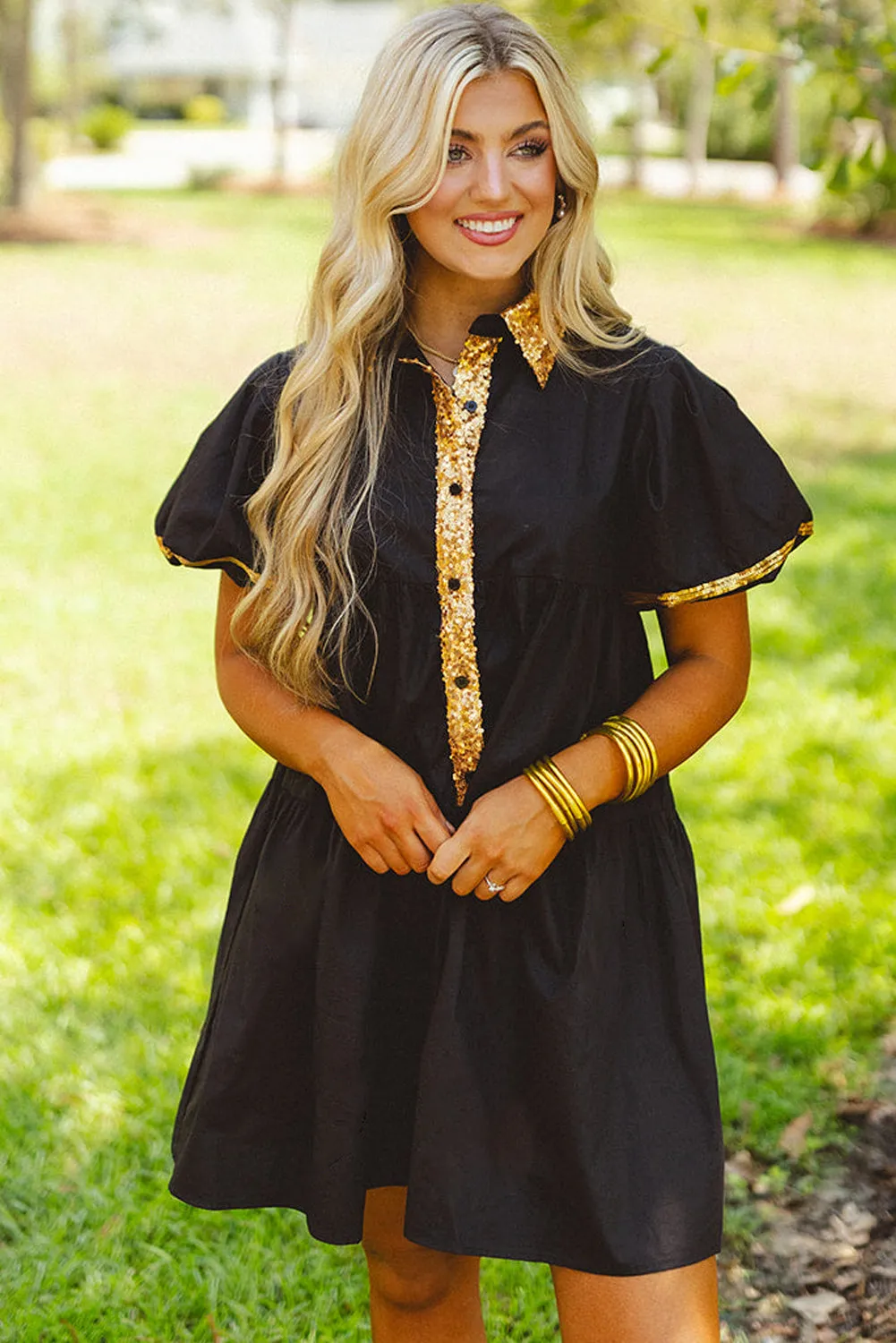 Black Sequin Trim Bubble Sleeve Game Day Shirt Dress