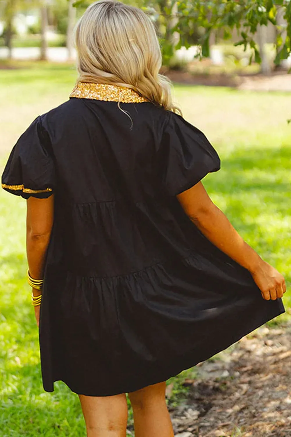Black Sequin Trim Bubble Sleeve Game Day Shirt Dress