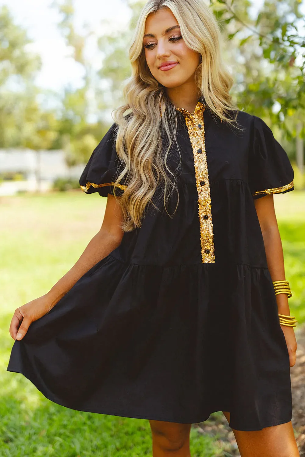 Black Sequin Trim Bubble Sleeve Game Day Shirt Dress