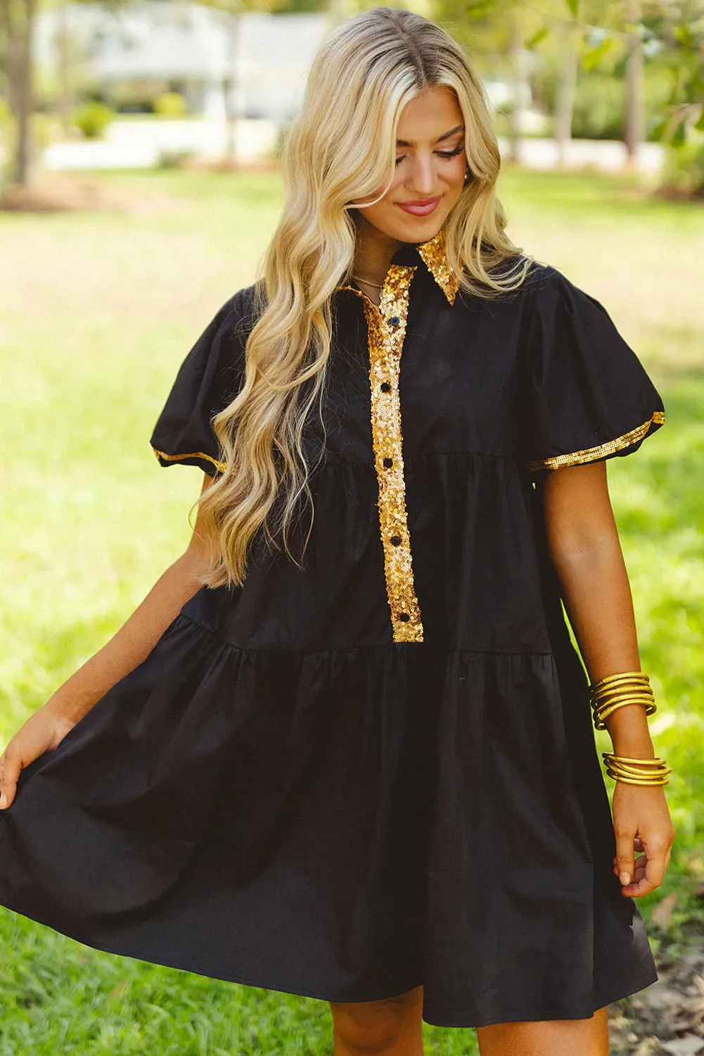 Black Sequin Trim Bubble Sleeve Game Day Shirt Dress