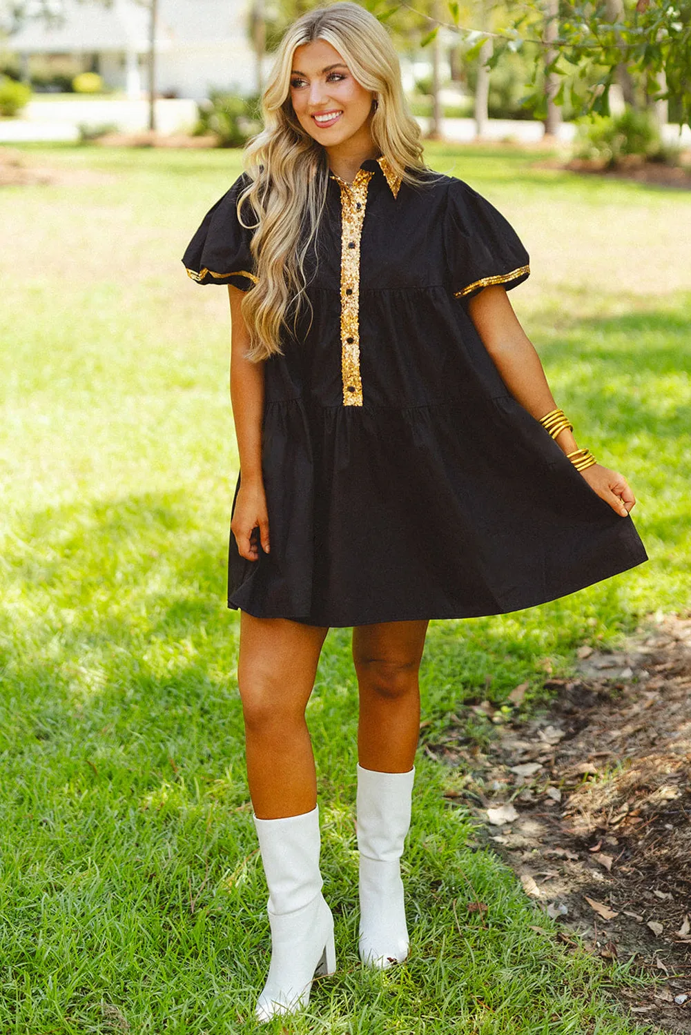 Black Sequin Trim Bubble Sleeve Game Day Shirt Dress