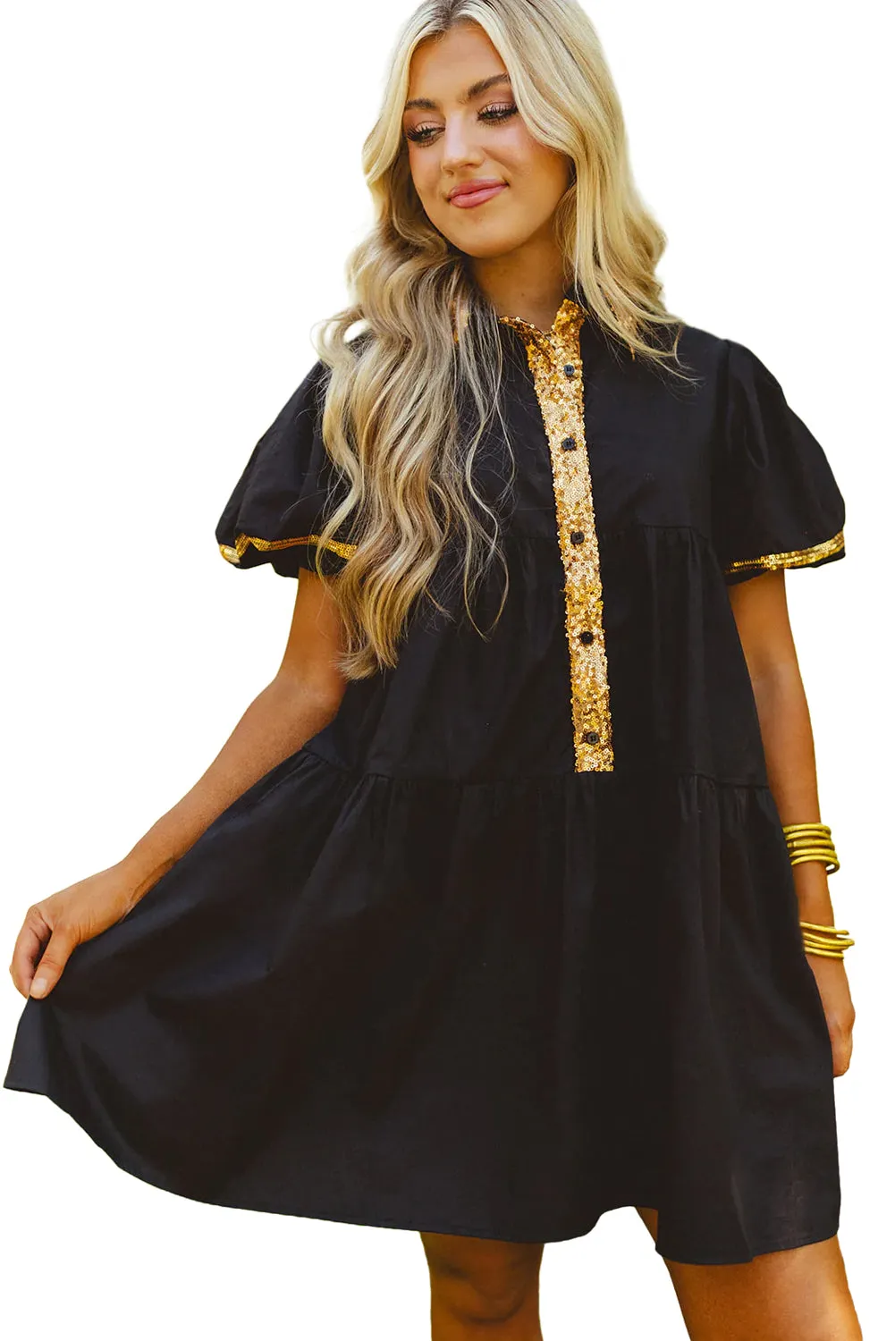 Black Sequin Trim Bubble Sleeve Game Day Shirt Dress