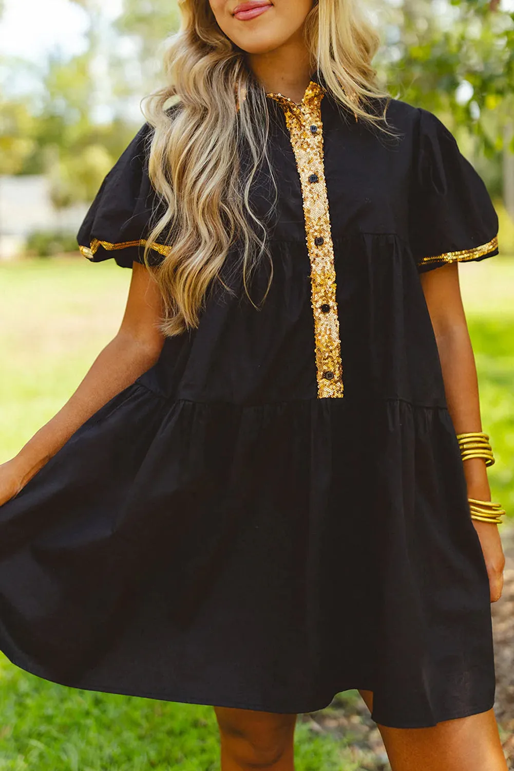 Black Sequin Trim Bubble Sleeve Game Day Shirt Dress