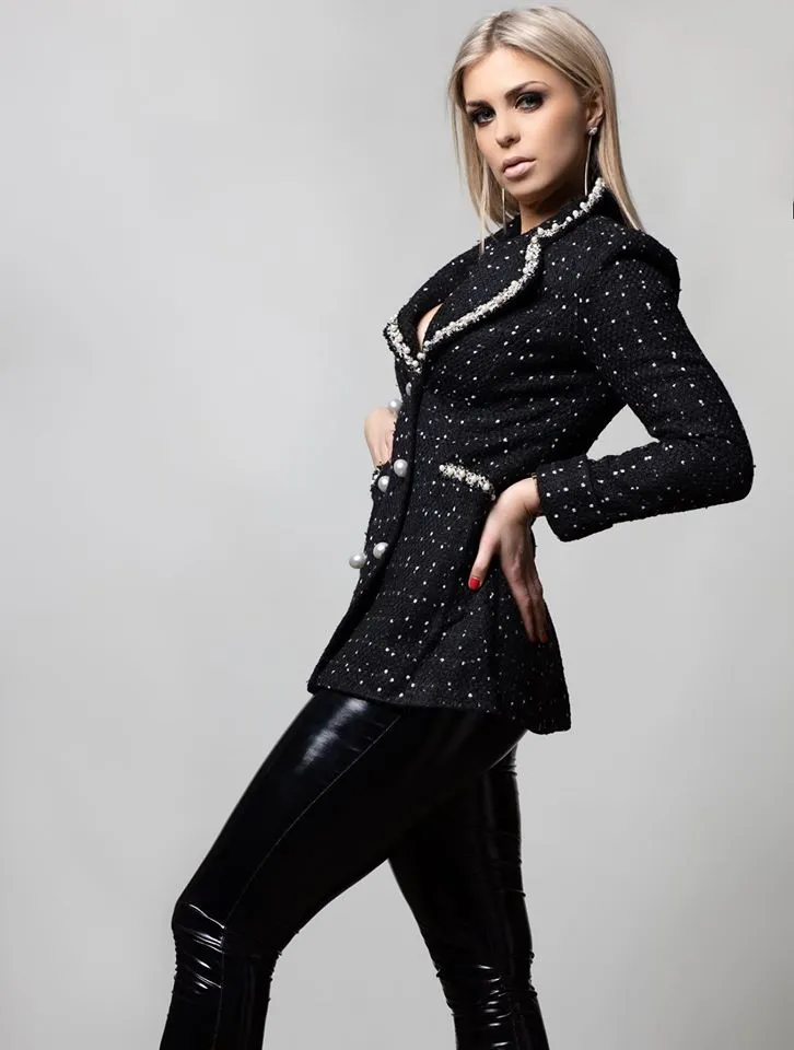 BLACK TWEED FIT JACKET WITH PEARL DETAILS