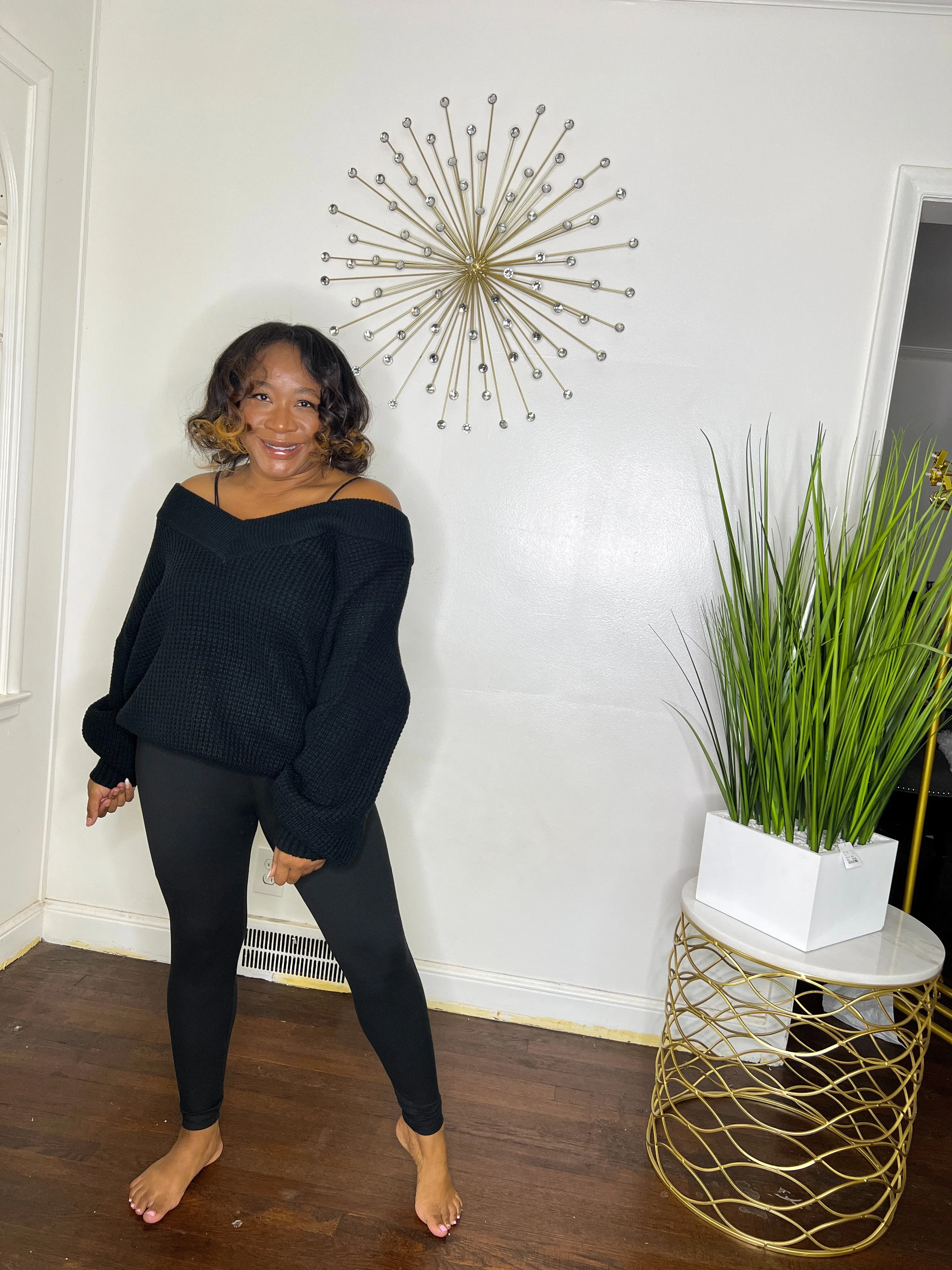 Black Waffle Knit V-neck Sweater