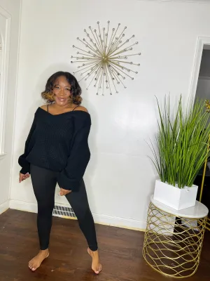Black Waffle Knit V-neck Sweater