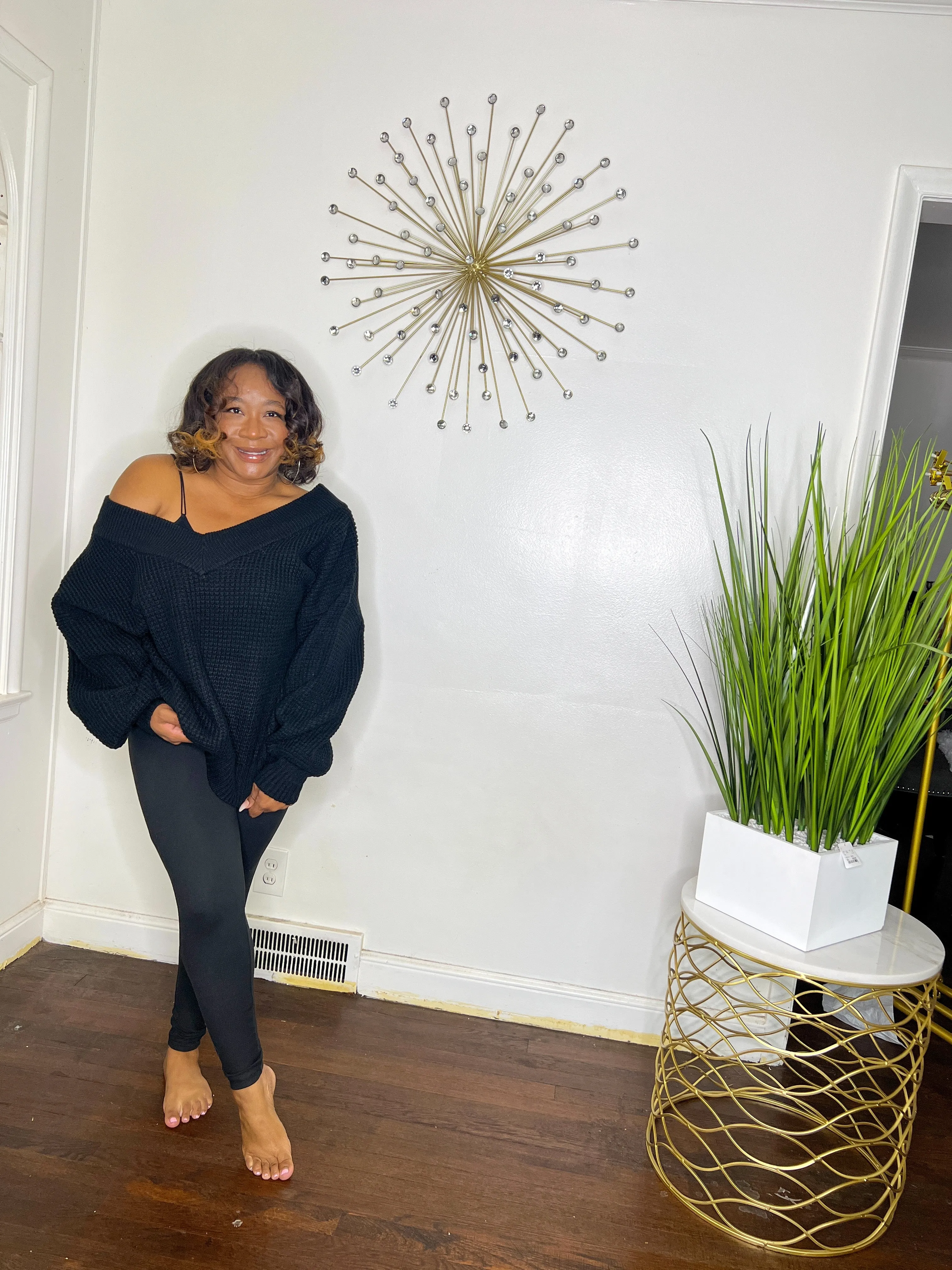 Black Waffle Knit V-neck Sweater