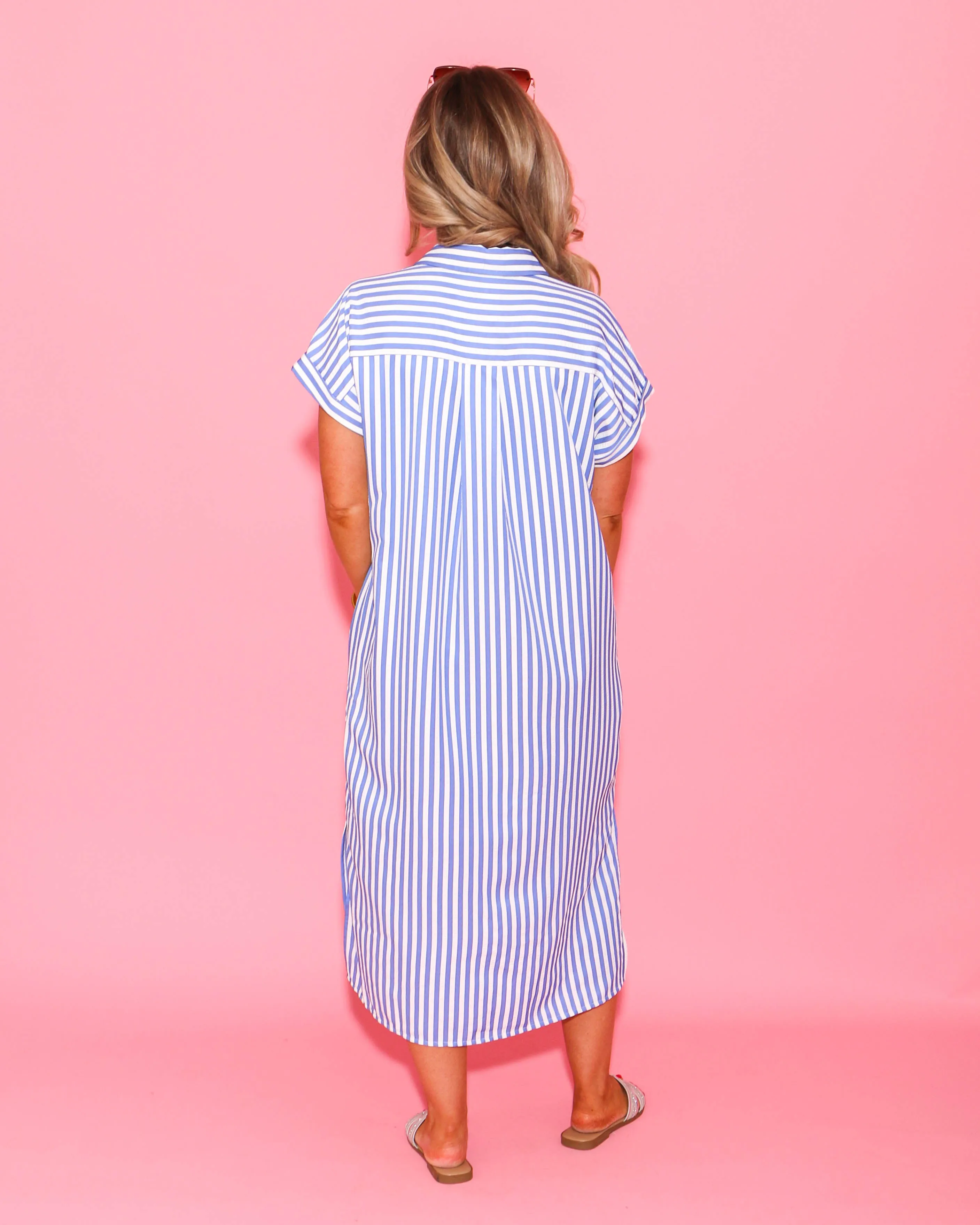 Blue Striped Midi Shirt Dress