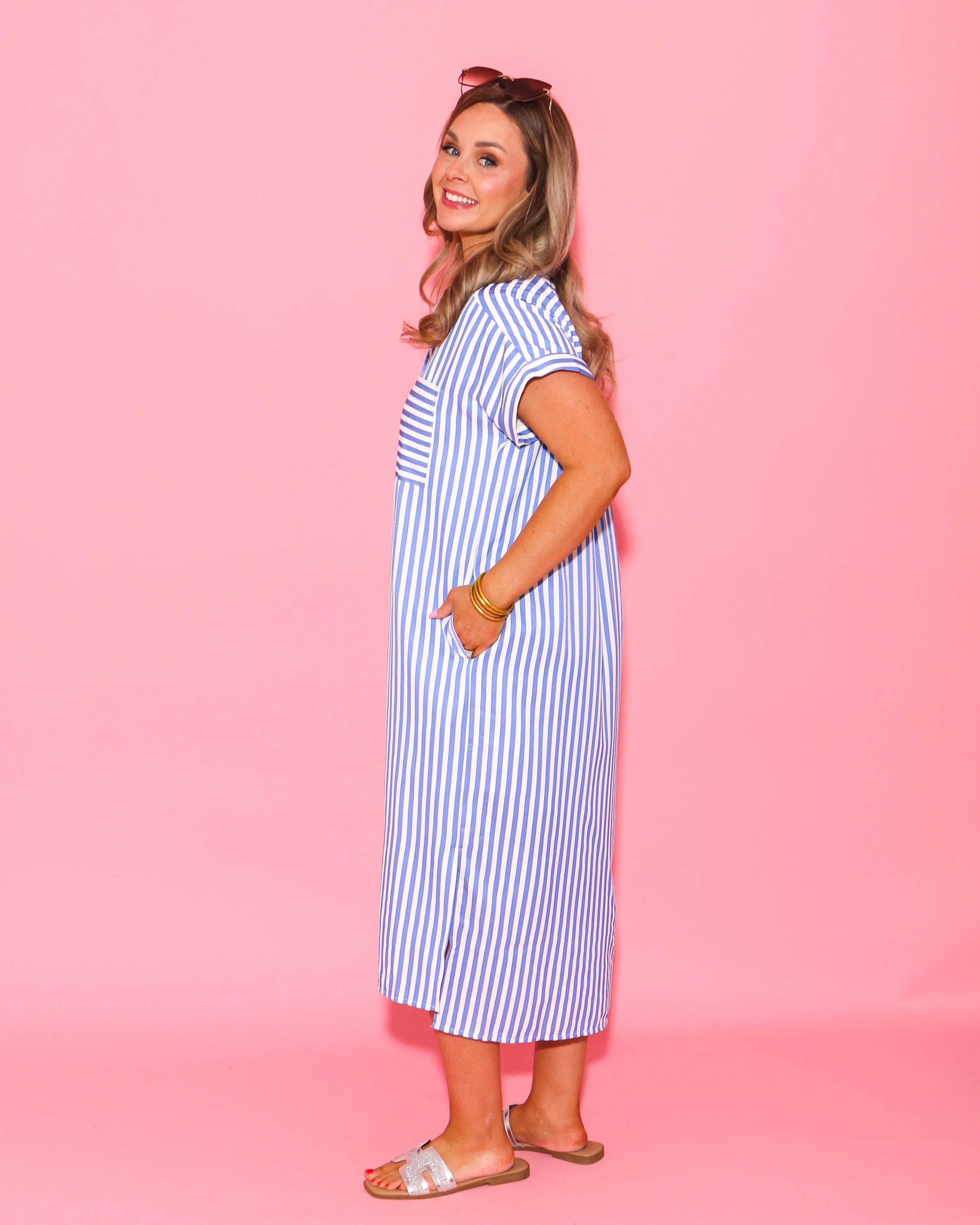 Blue Striped Midi Shirt Dress