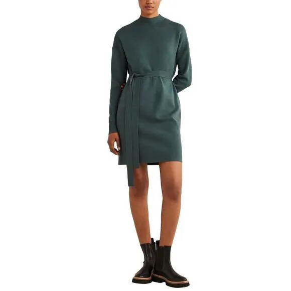 BODEN High Neck Winter Knit Long Sleeve Green Belted Sweater Shift Dress 8 NWT