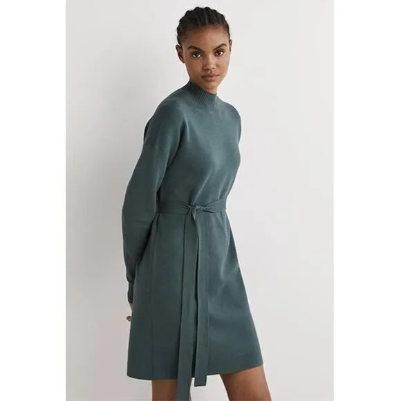 BODEN High Neck Winter Knit Long Sleeve Green Belted Sweater Shift Dress 8 NWT