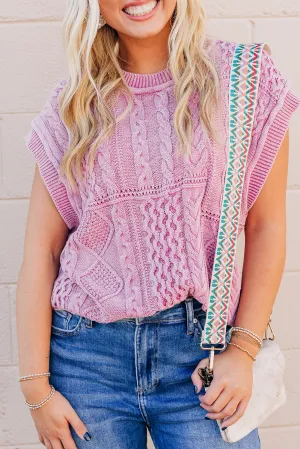 Bonbon Cable Knit Textured Cap Sleeve Sweater