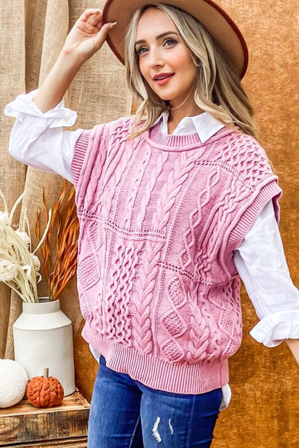 Bonbon Cable Knit Textured Cap Sleeve Sweater