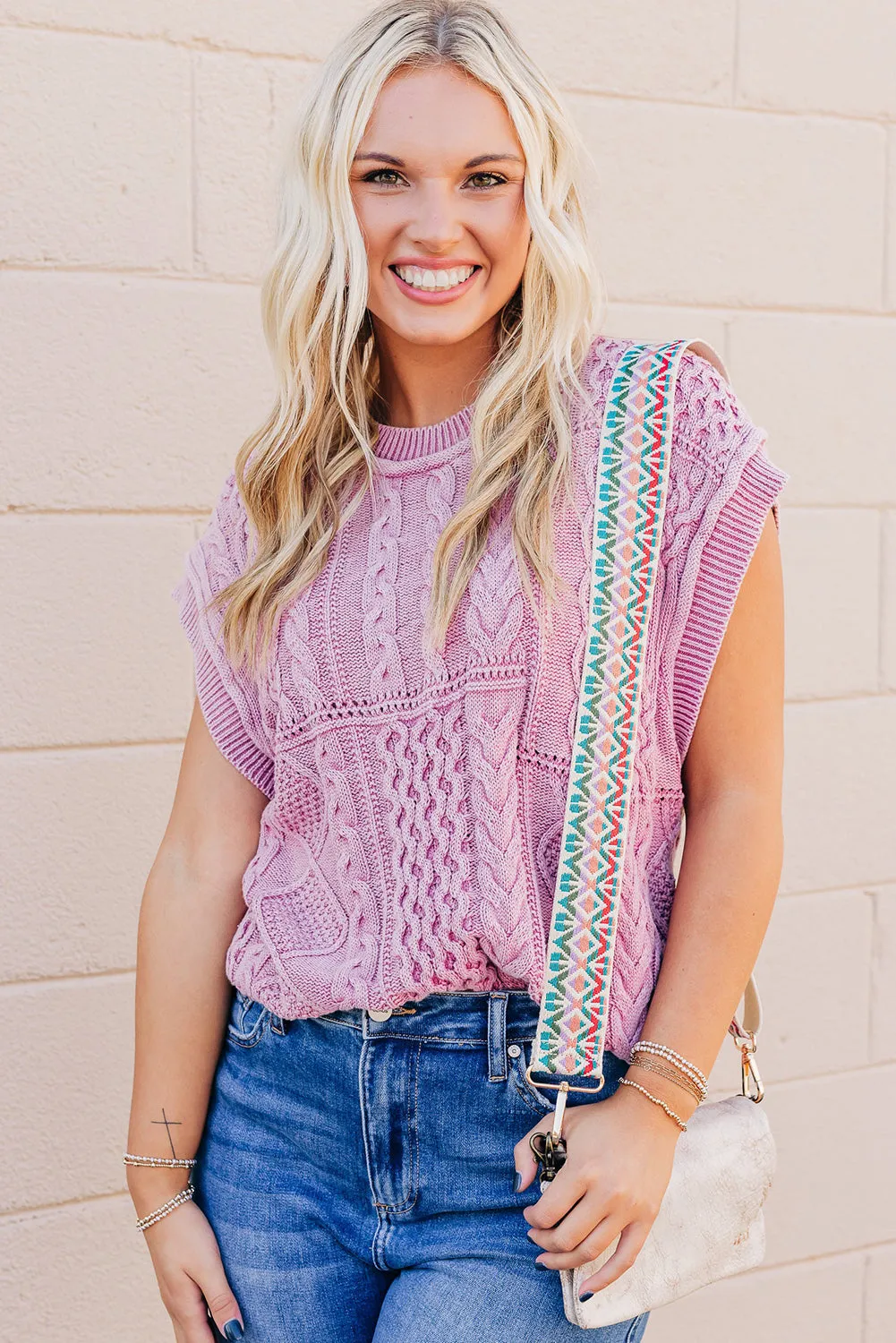 Bonbon Cable Knit Textured Cap Sleeve Sweater