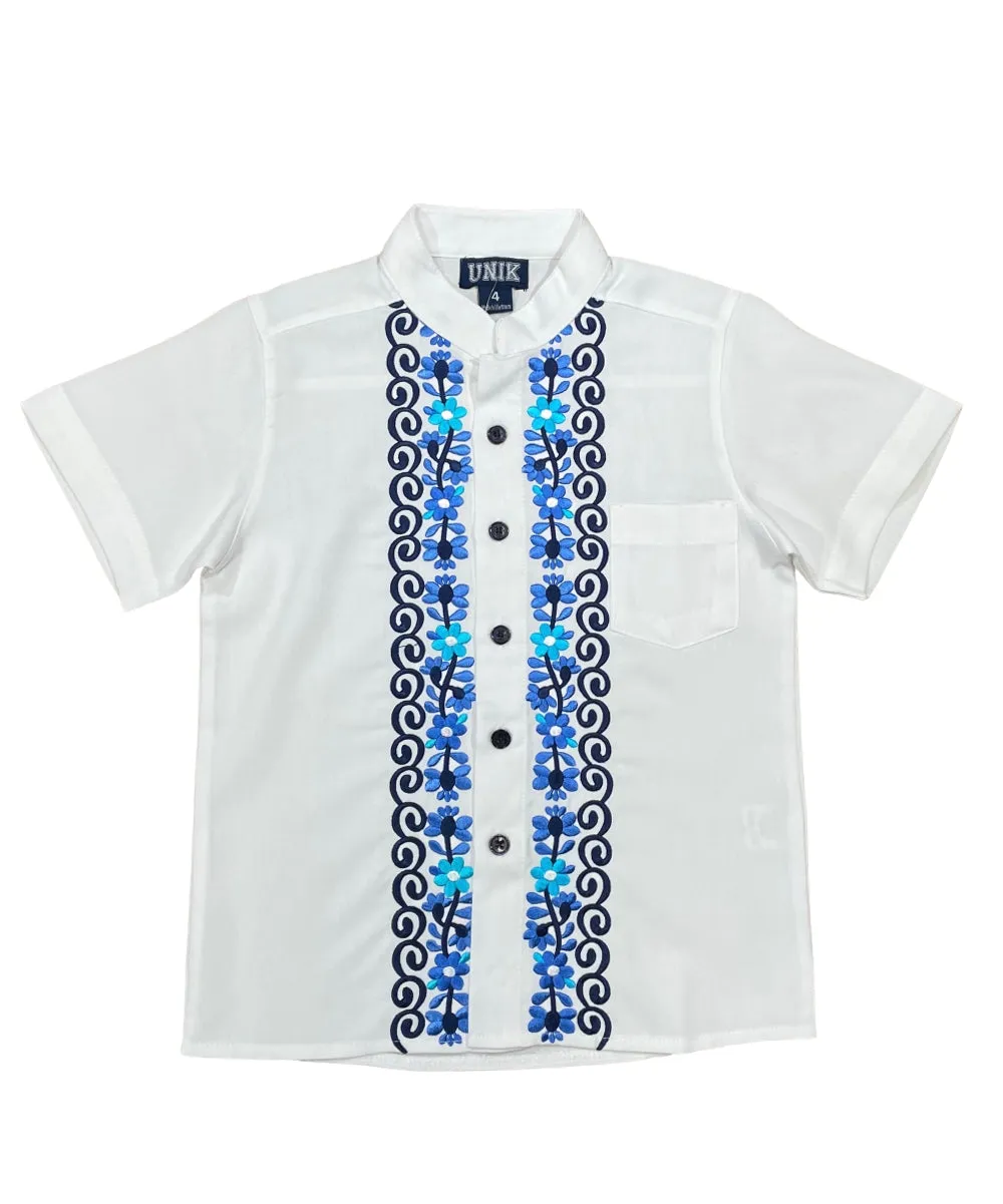 Boys White Floral Guayabera button up shirt 4-14