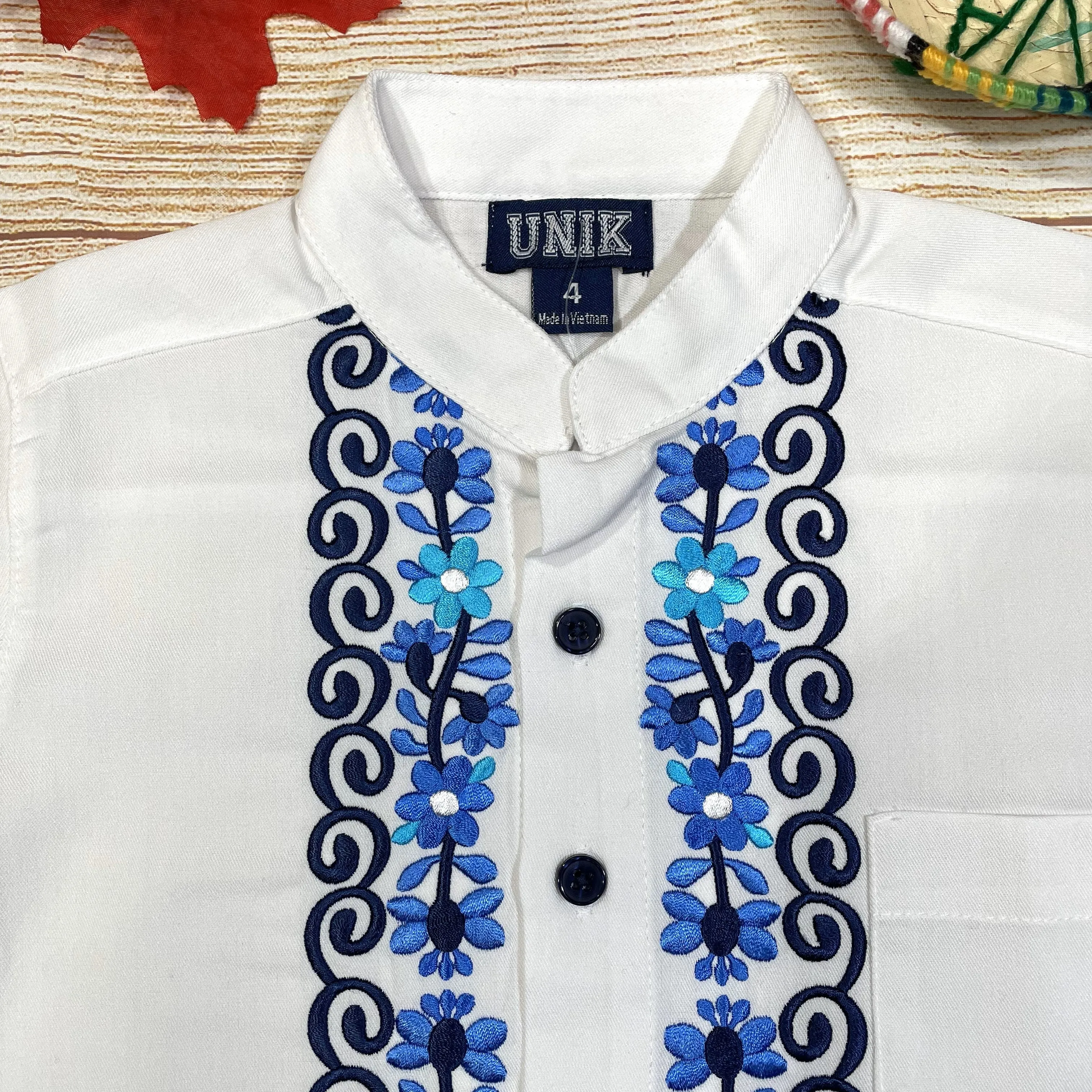 Boys White Floral Guayabera button up shirt 4-14