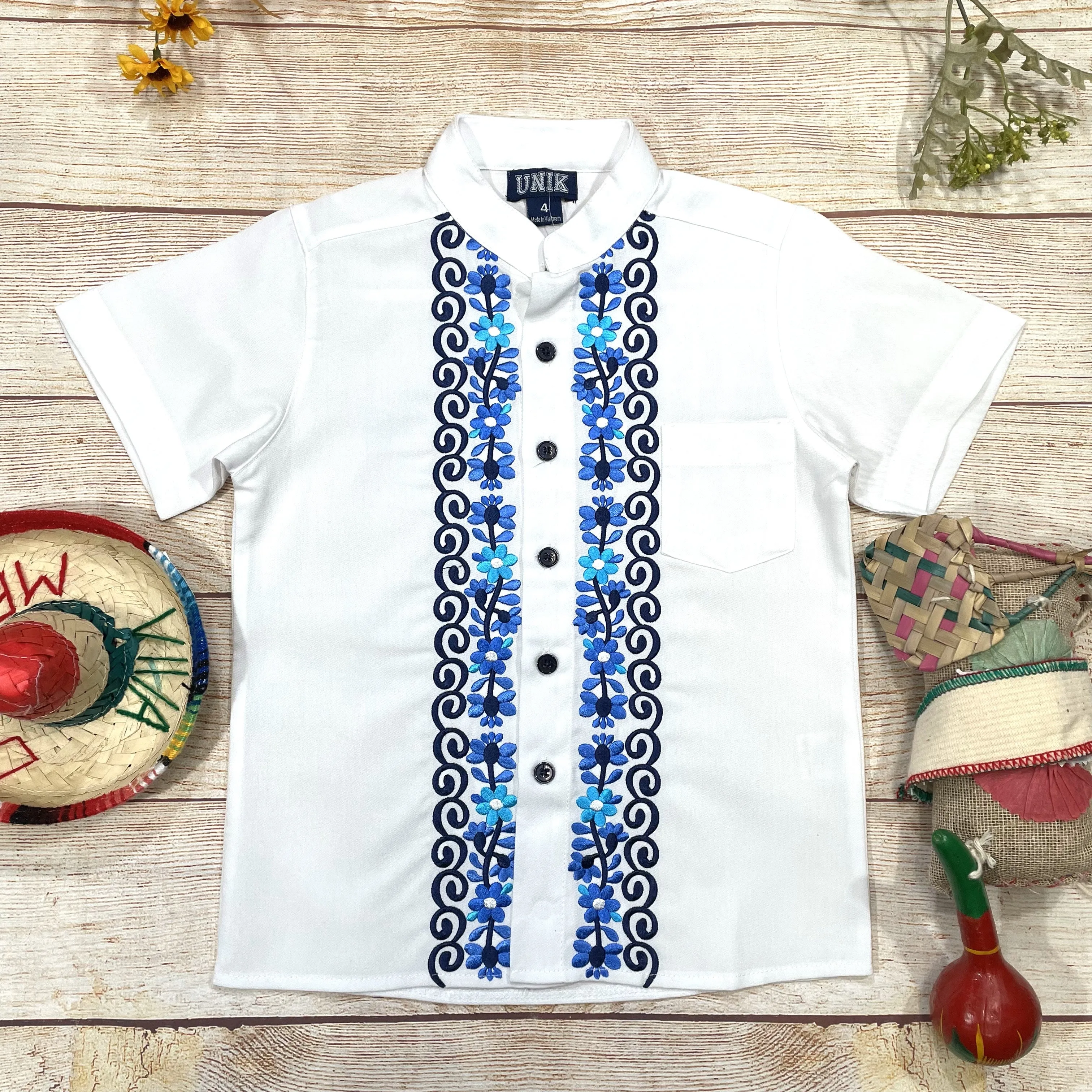 Boys White Floral Guayabera button up shirt 4-14
