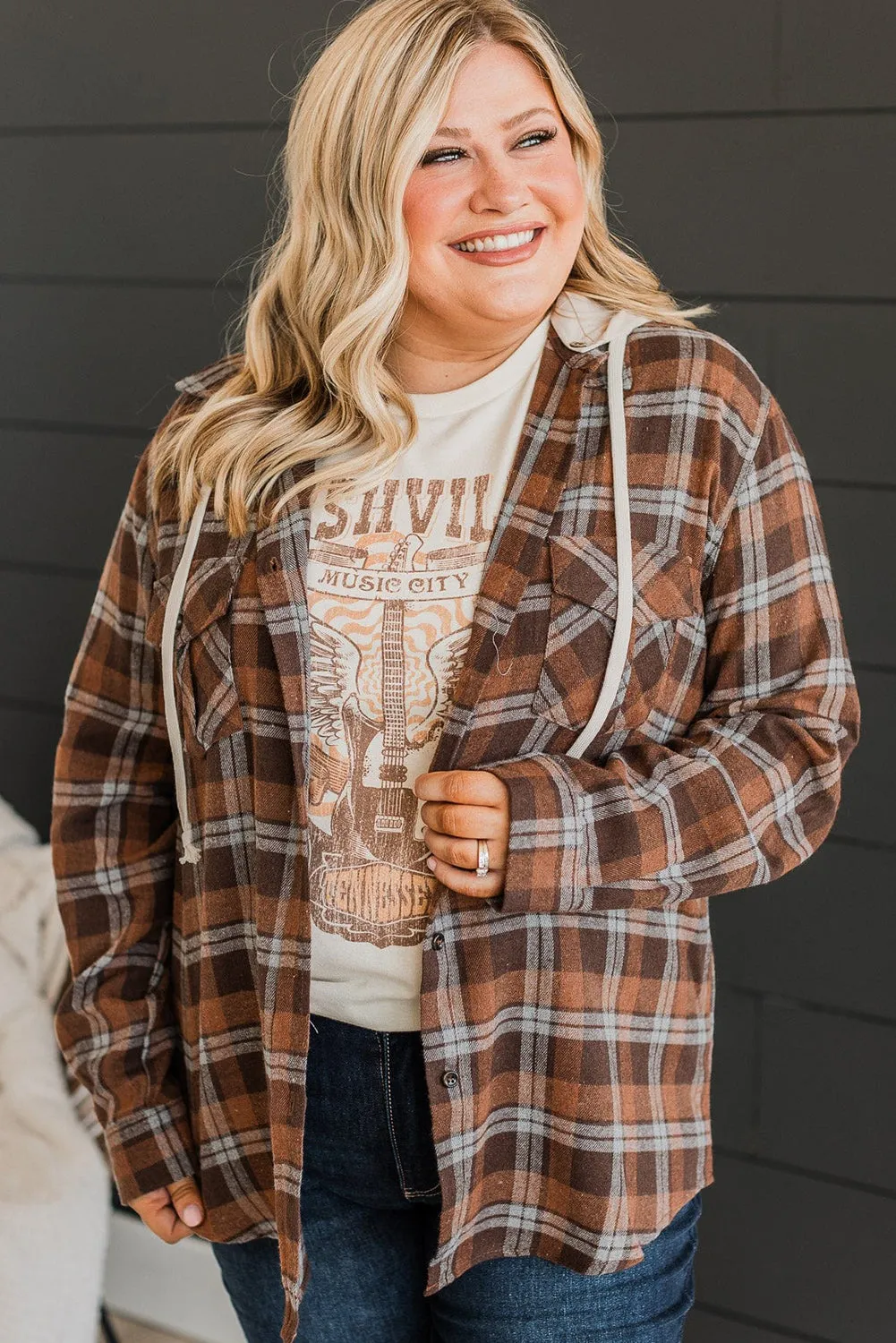 Brown Plus Size Plaid Contrast Hooded Shirt