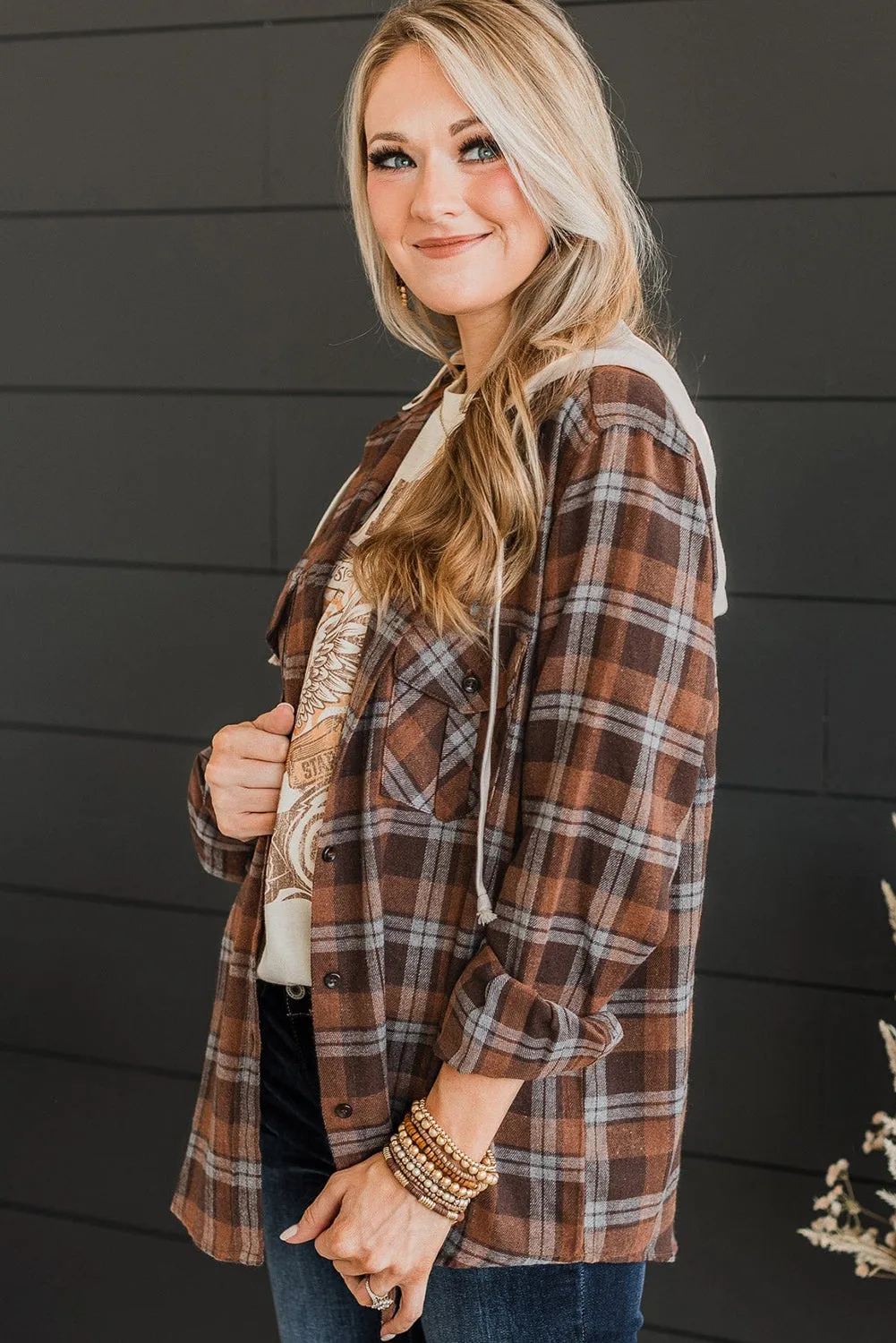 Brown Plus Size Plaid Contrast Hooded Shirt