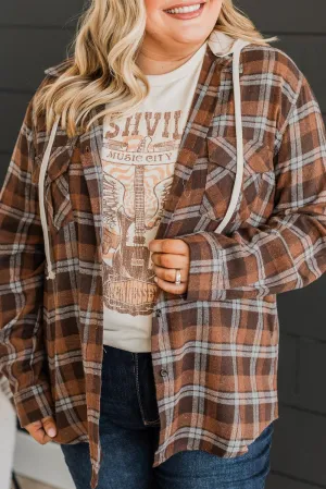 Brown Plus Size Plaid Contrast Hooded Shirt
