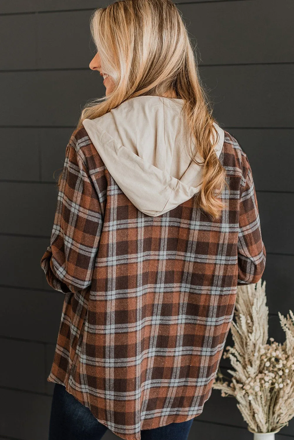 Brown Plus Size Plaid Contrast Hooded Shirt