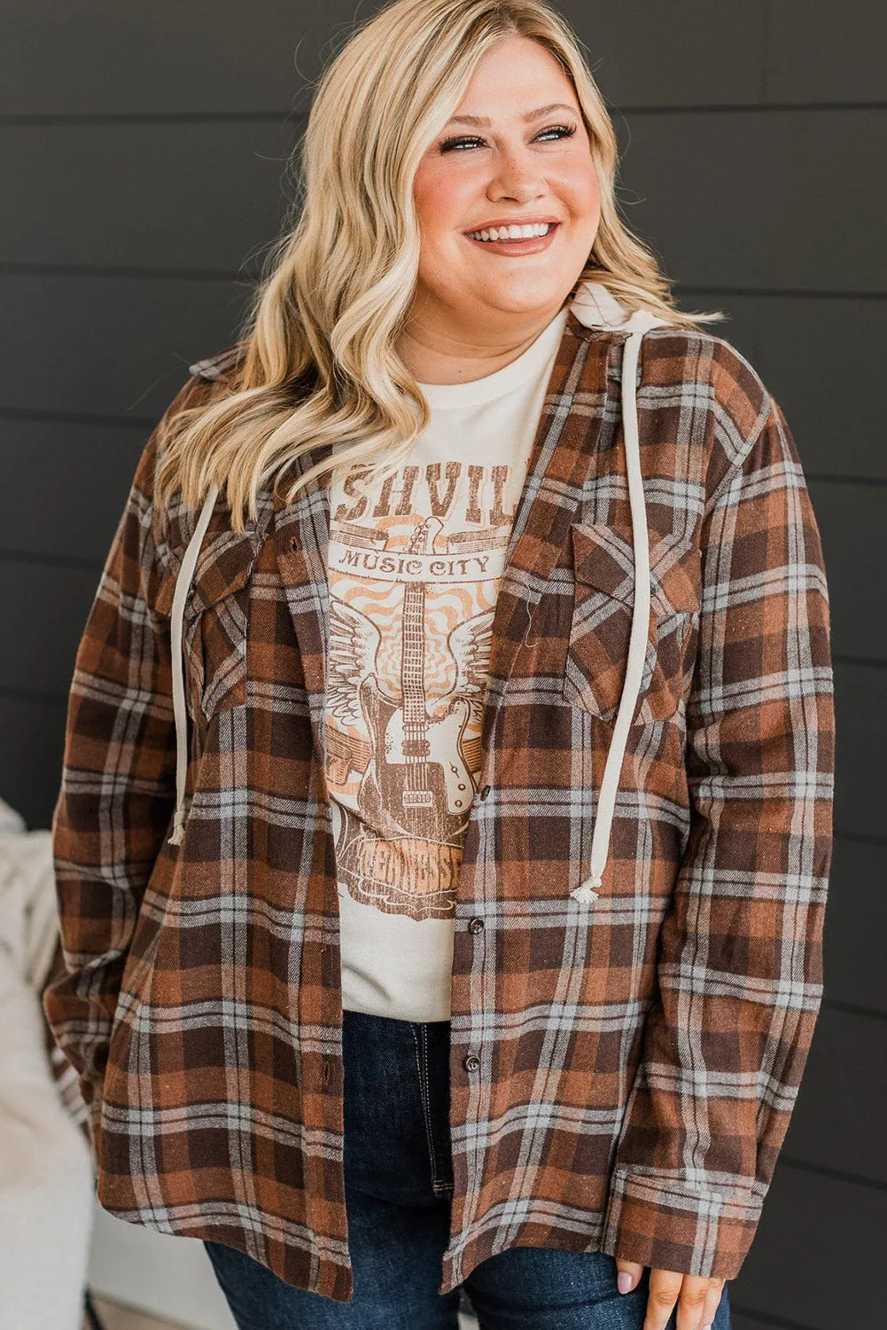 Brown Plus Size Plaid Contrast Hooded Shirt