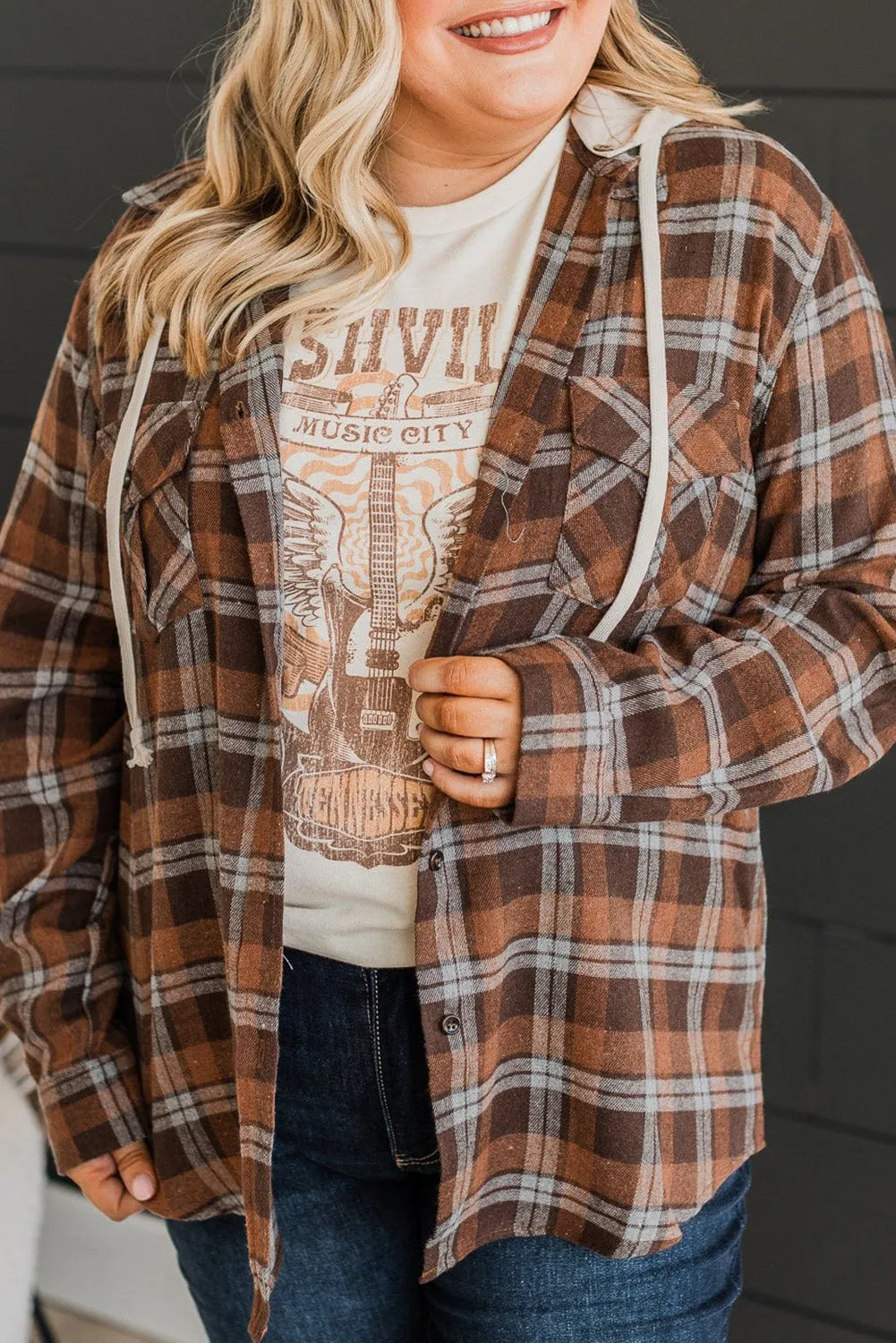 Brown Plus Size Plaid Contrast Hooded Shirt