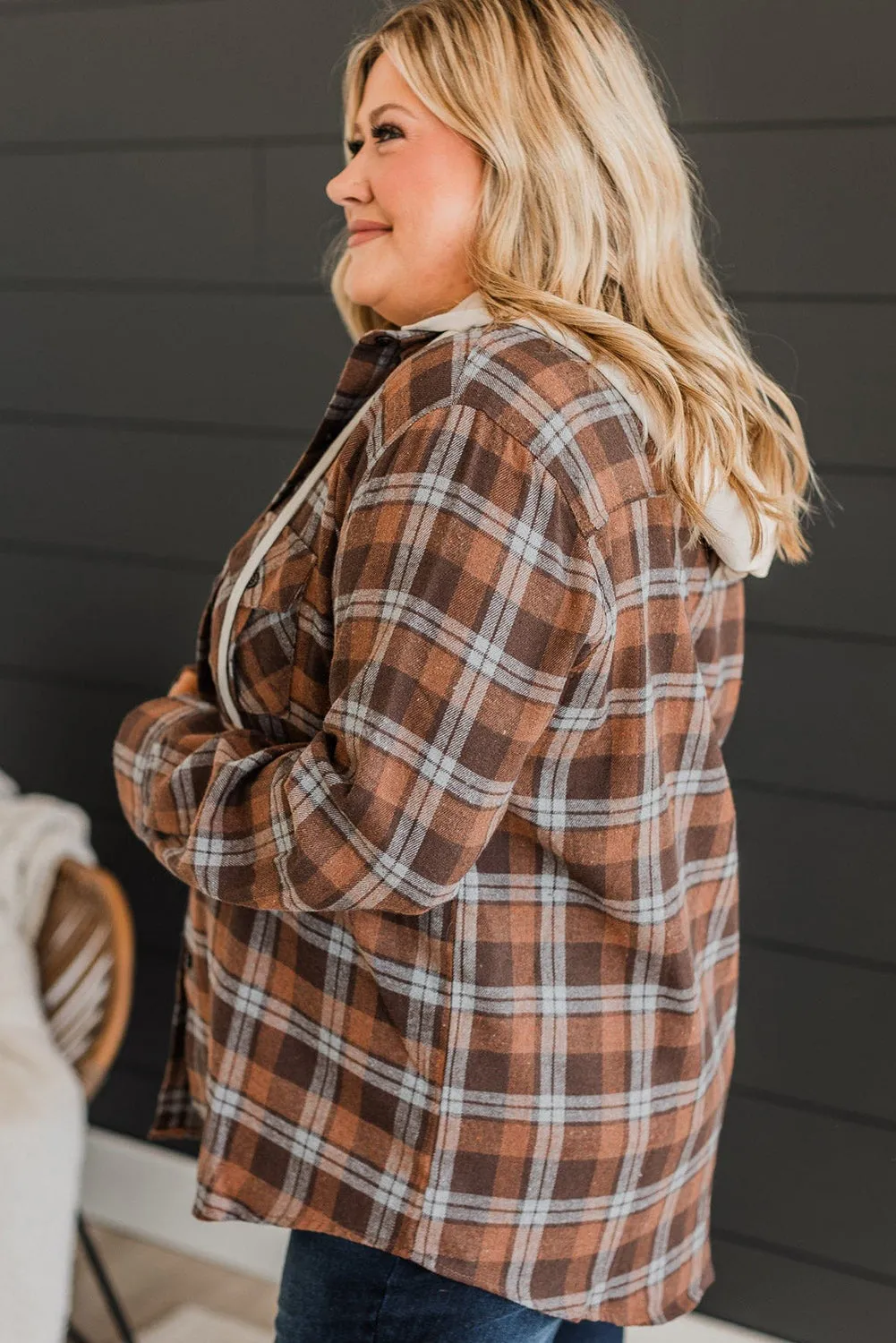 Brown Plus Size Plaid Contrast Hooded Shirt
