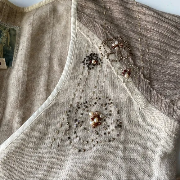 Burning Torch Patchwork beaded Recycled Cashmere Sweater Size Medium