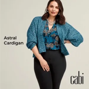 🧥CAbi ASTRAL CARTIGAN sz M in Celestial Blue &amp; White Knit. NWOT