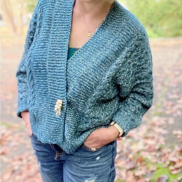 🧥CAbi ASTRAL CARTIGAN sz M in Celestial Blue &amp; White Knit. NWOT