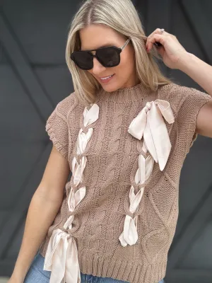 Cable Knit Satin Bow Sweater In Taupe